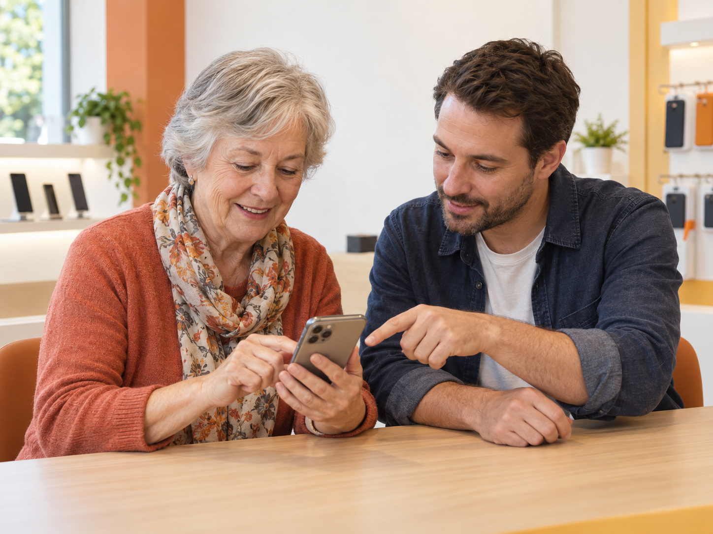Escena ilustrativa de dos adultos revisando juntos un teléfono móvil en una tienda